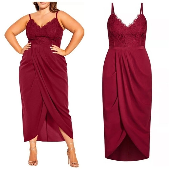 City Chic Lace Touch Dress Red - Picture 1 of 6